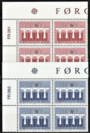 FRIMÆRKER FÆRØERNE | 1984 | AFA 91,92 | Europamærker - 250 + 500 øre i komplet sæt marginal 4-blokke - Postfrisk